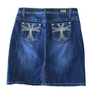 Earl‎ Jean Denim Skirt Women's Med Blue Bling Cross Pockets Embellished Size 6